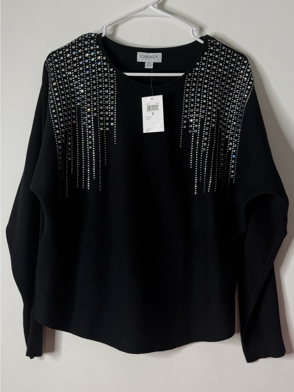 Carmen Black Crewneck Sweater with Rhinestone Shoulder Detail